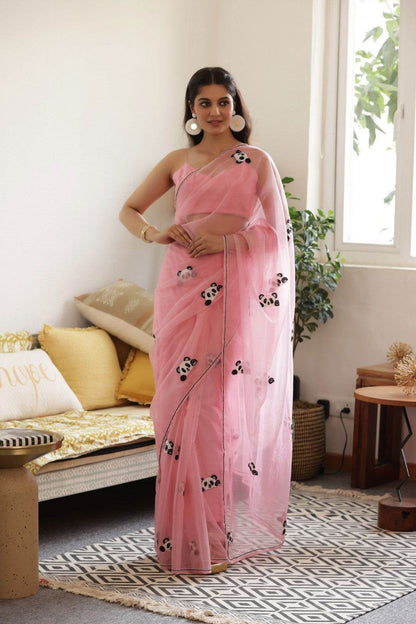 Pink Panda Hand-Embroidered Silk Organza Saree - Ensembles