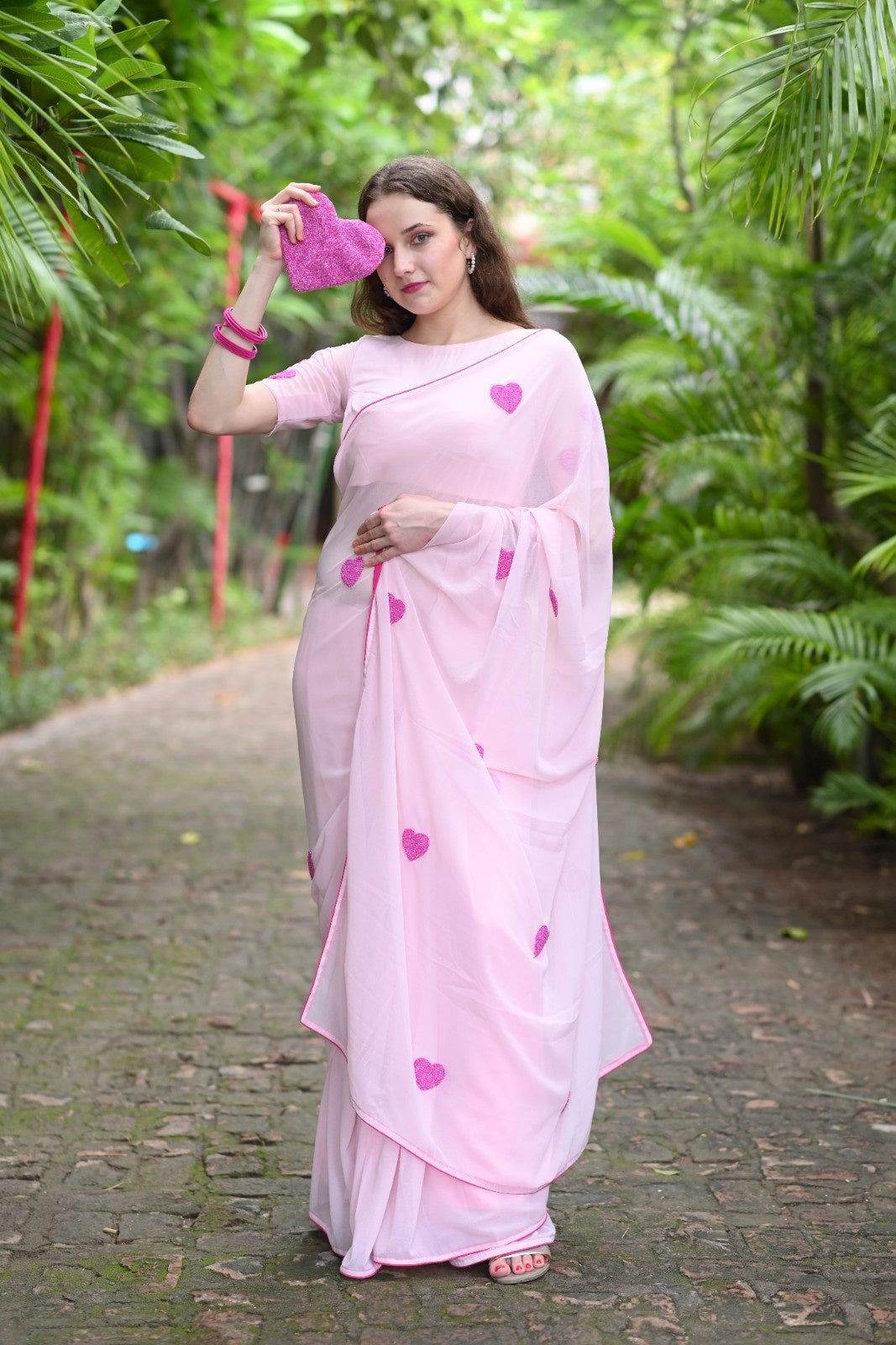 Pink on Pink Heart Georgette Saree - Ensembles