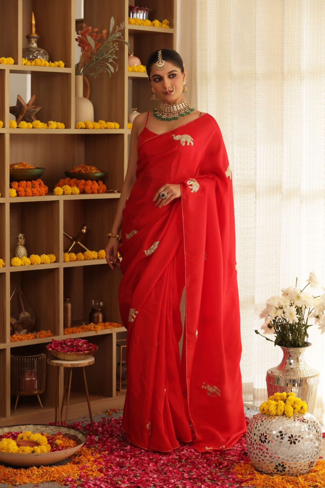 Red Elephant Hand-Embroidered Upada Silk Saree - Ensembles