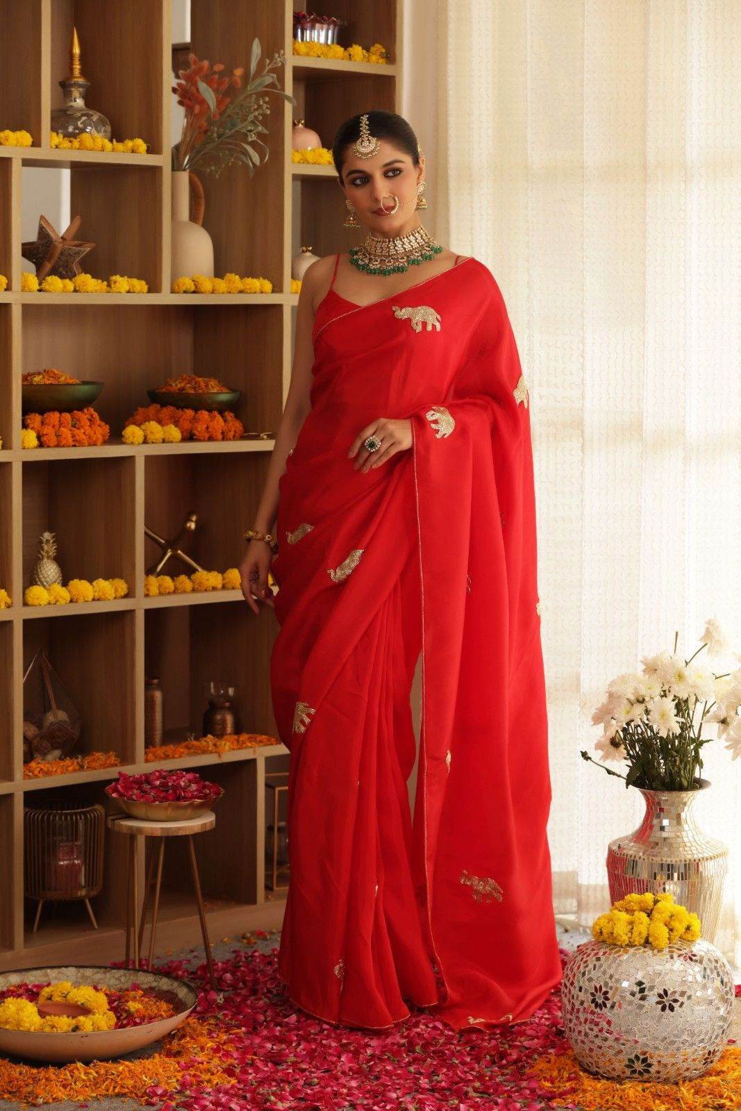 Red Elephant Hand-Embroidered Upada Silk Saree - Ensembles