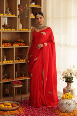 Red Elephant Hand-Embroidered Upada Silk Saree - Ensembles