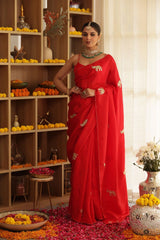 Red Elephant Hand-Embroidered Upada Silk Saree - Ensembles