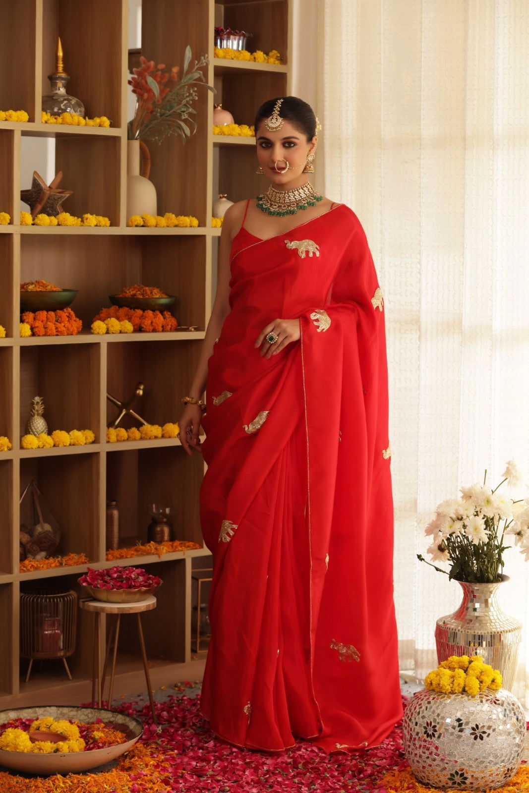 Red Elephant Hand-Embroidered Upada Silk Saree - Ensembles