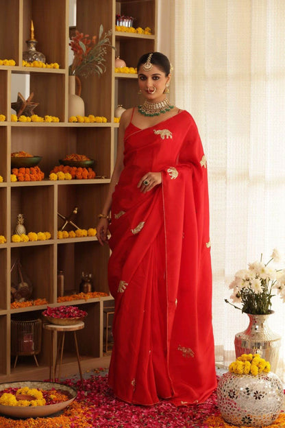 Red Elephant Hand-Embroidered Upada Silk Saree - Ensembles