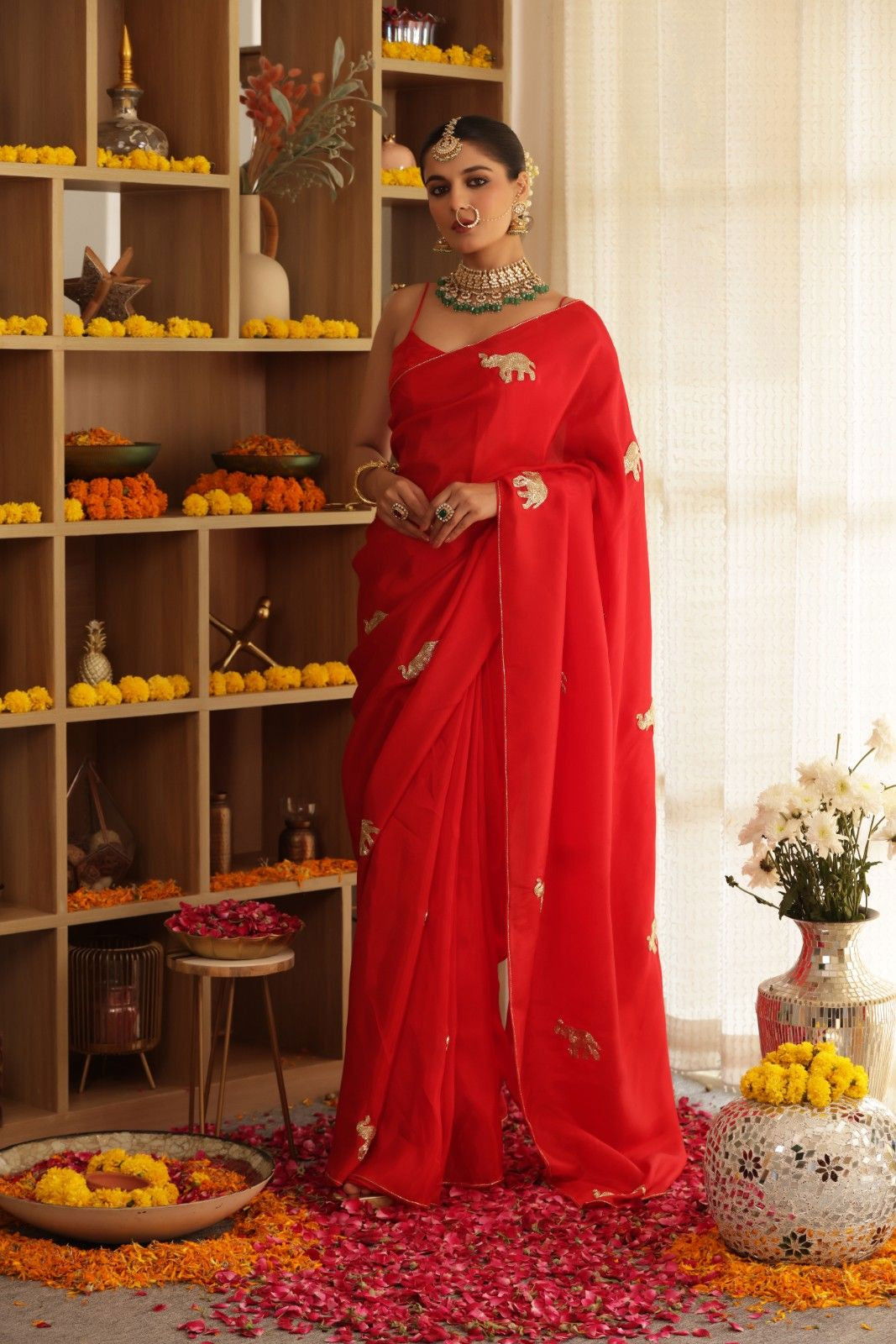 Red Elephant Hand-Embroidered Upada Silk Saree - Ensembles
