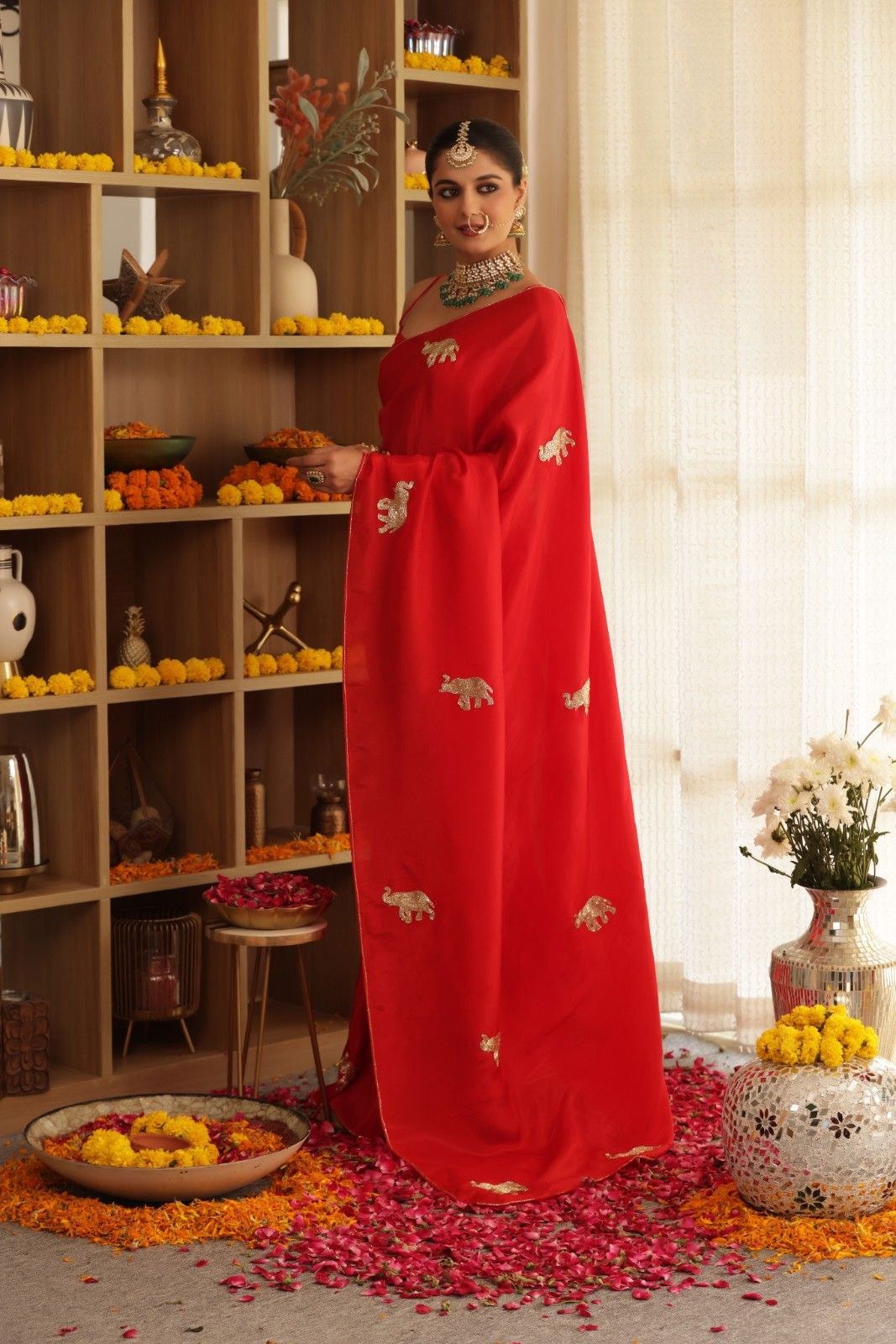Red Elephant Hand-Embroidered Upada Silk Saree - Ensembles