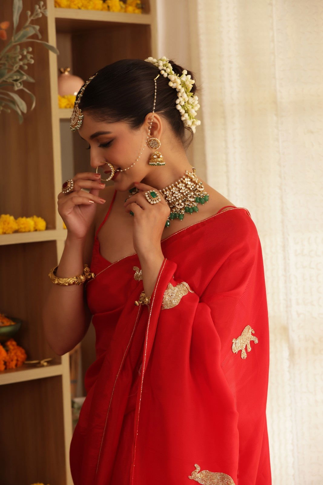 Red Elephant Hand-Embroidered Upada Silk Saree - Ensembles