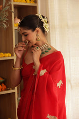 Red Elephant Hand-Embroidered Upada Silk Saree - Ensembles
