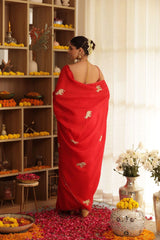 Red Elephant Hand-Embroidered Upada Silk Saree - Ensembles