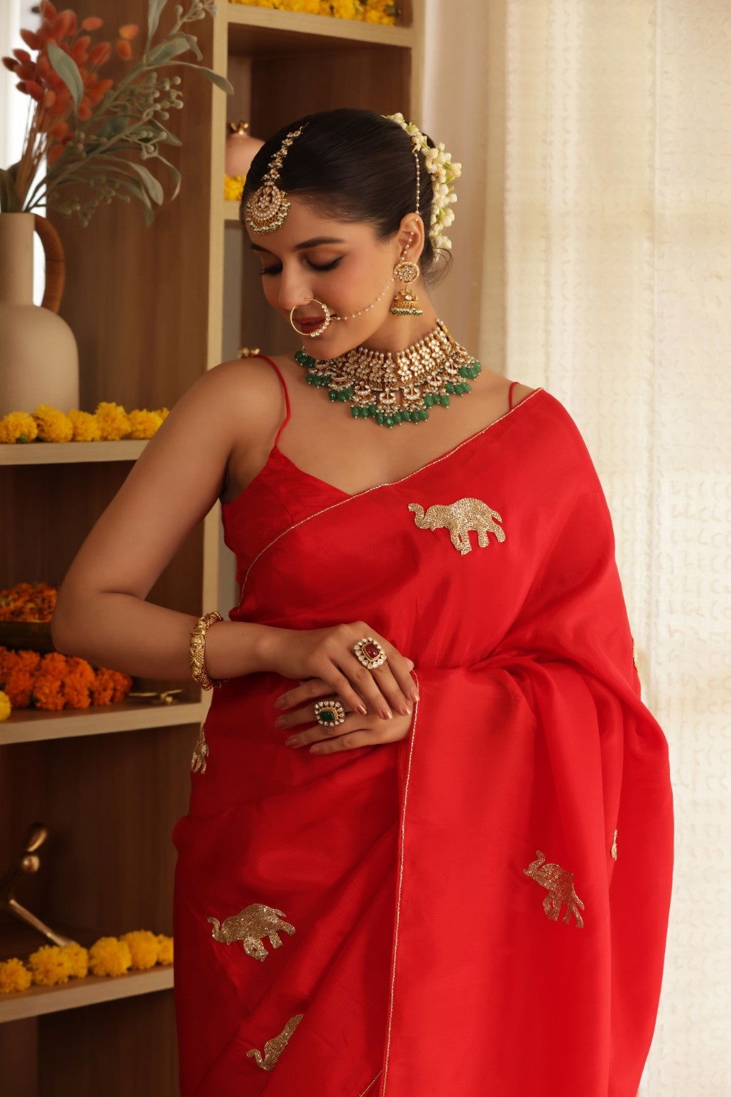 Red Elephant Hand-Embroidered Upada Silk Saree - Ensembles