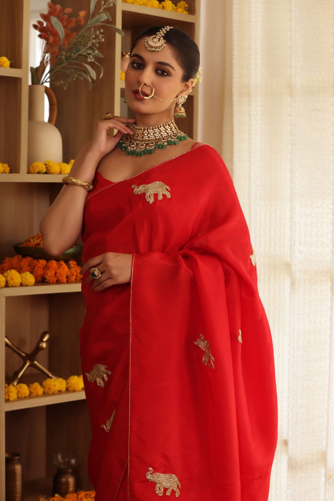 Red Elephant Hand-Embroidered Upada Silk Saree - Ensembles