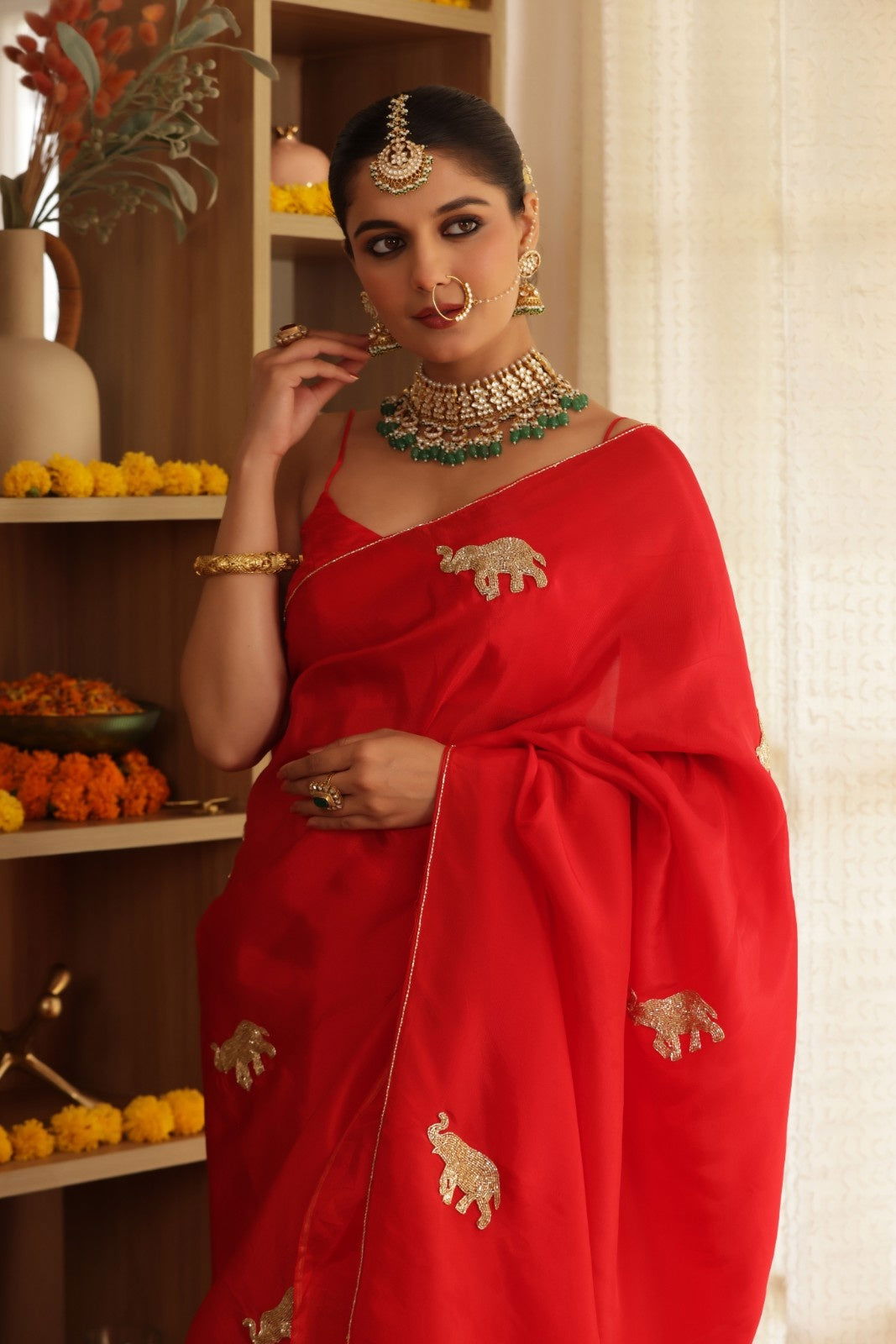 Red Elephant Hand-Embroidered Upada Silk Saree - Ensembles