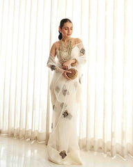 Roar Tiger Ivory Pure Silk Organza Saree - Ensembles