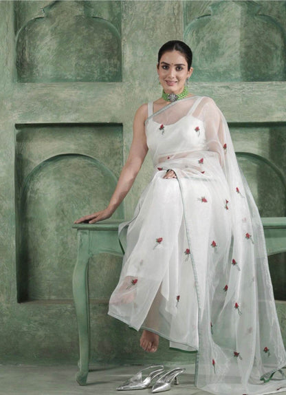 Rose White Organza Saree - Ensembles