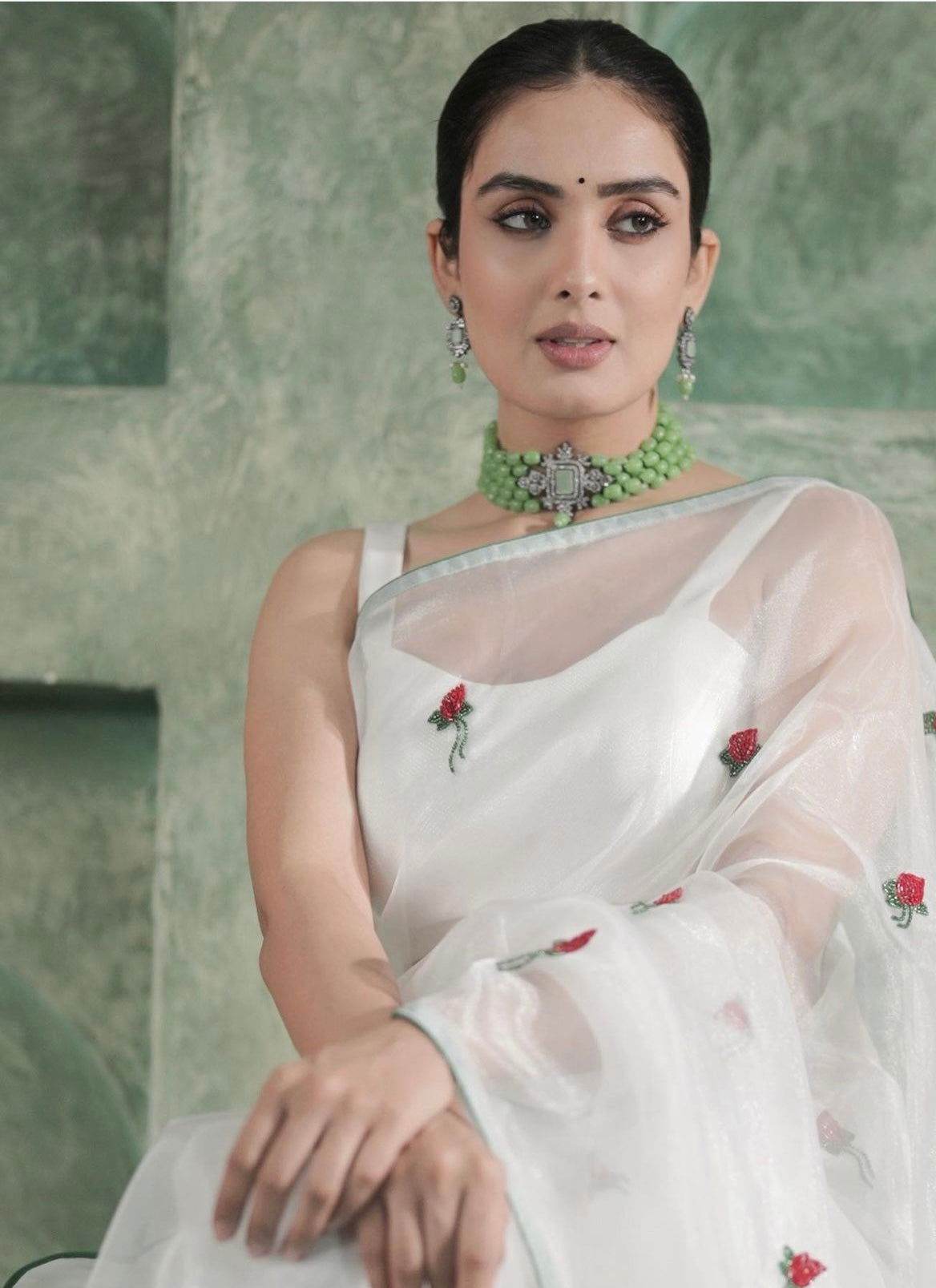 Rose White Organza Saree - Ensembles