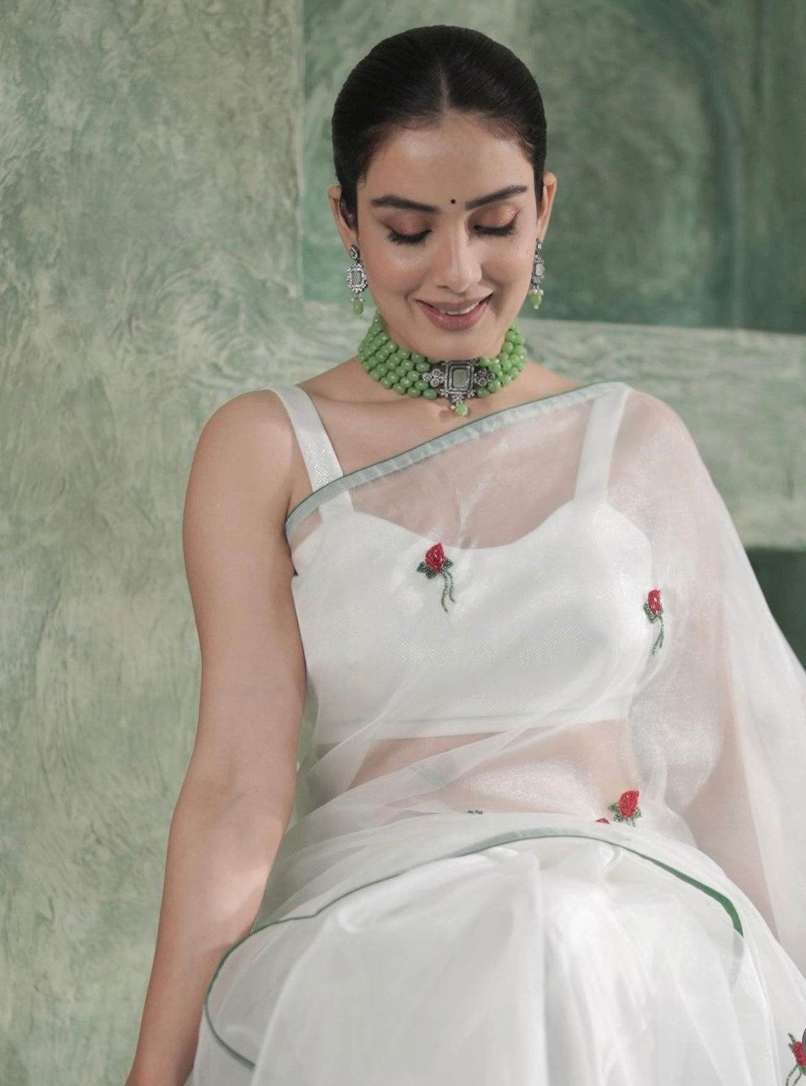 Rose White Organza Saree - Ensembles