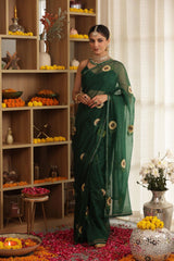 Sunflower Hand-Embroidered Silk Organza Saree - Ensembles