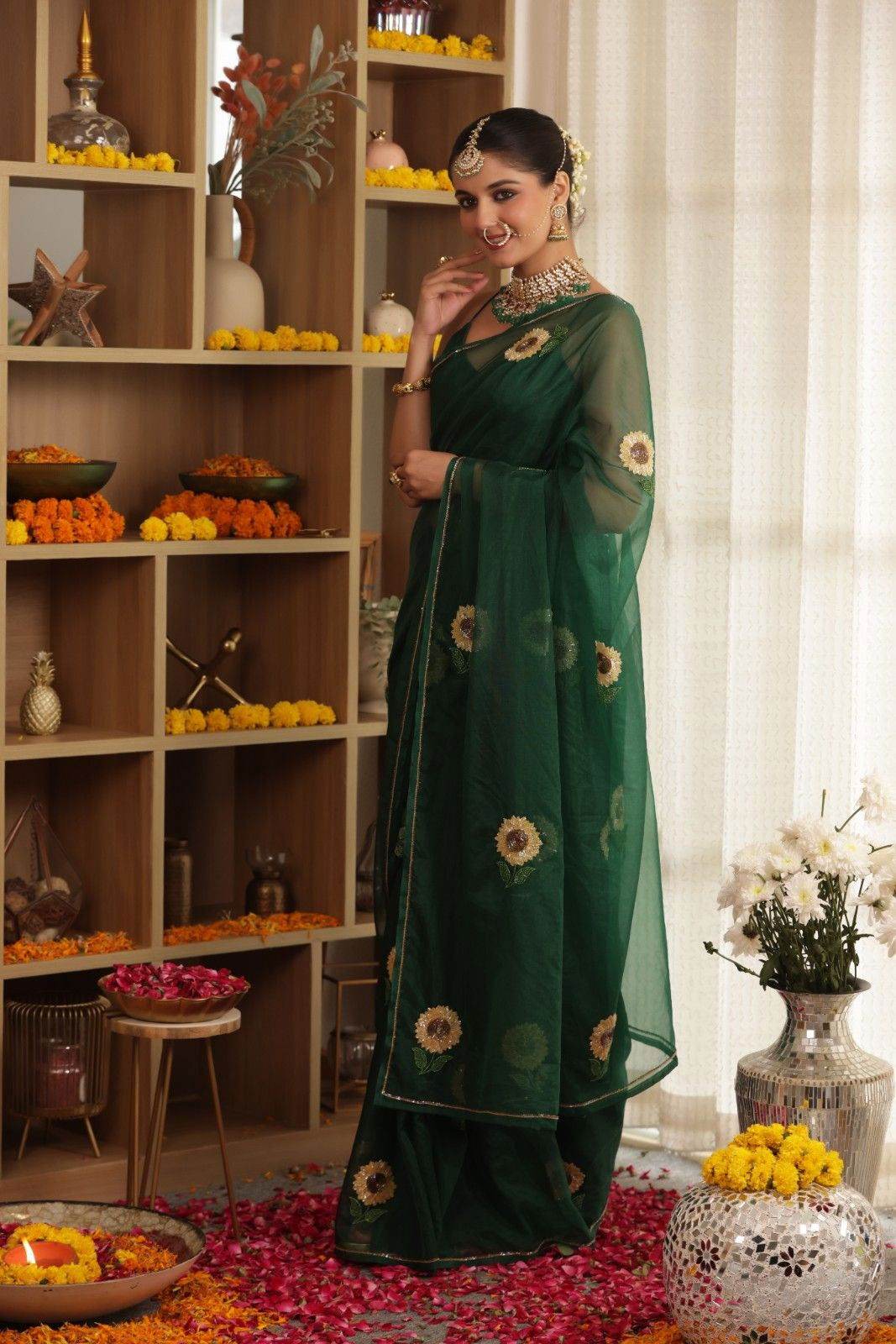Sunflower Hand-Embroidered Silk Organza Saree - Ensembles