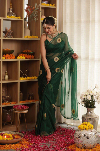 Sunflower Hand-Embroidered Silk Organza Saree - Ensembles