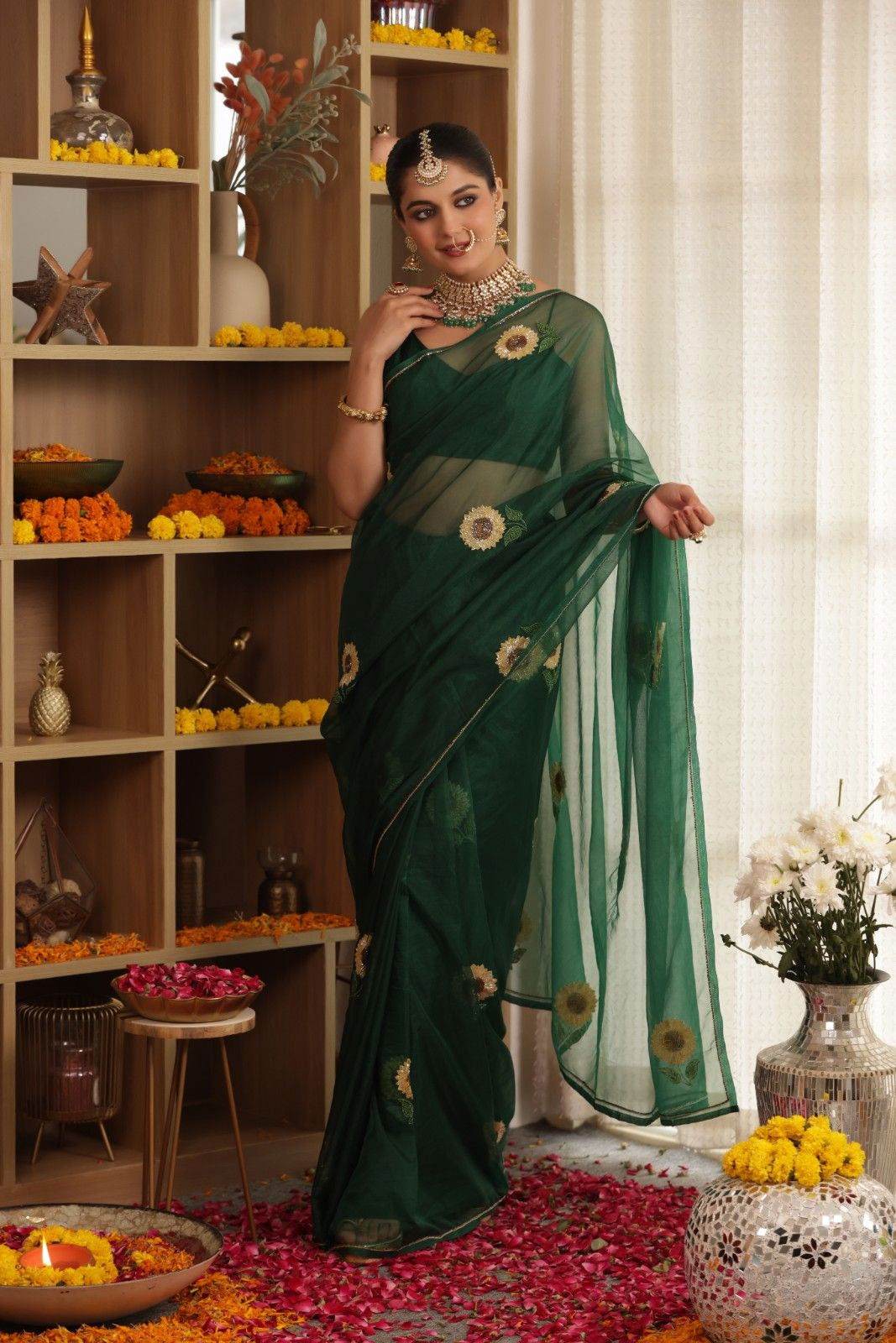 Sunflower Hand-Embroidered Silk Organza Saree - Ensembles