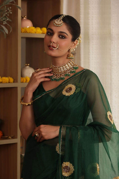 Sunflower Hand-Embroidered Silk Organza Saree - Ensembles
