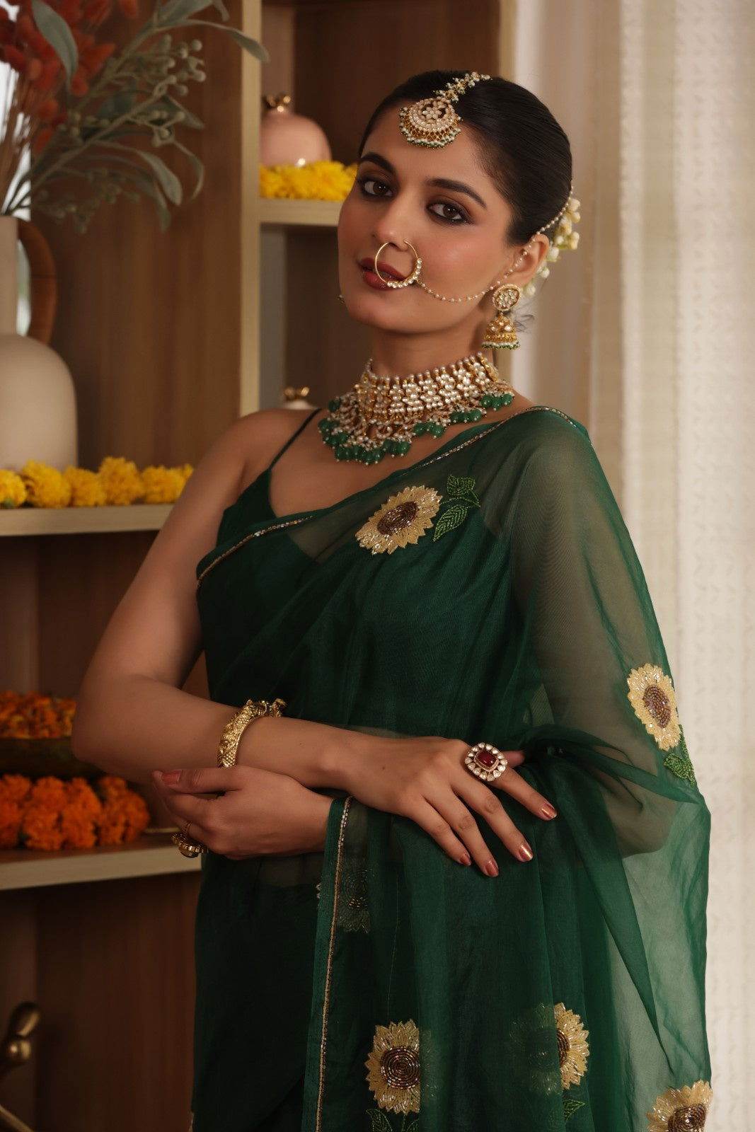 Sunflower Hand-Embroidered Silk Organza Saree - Ensembles