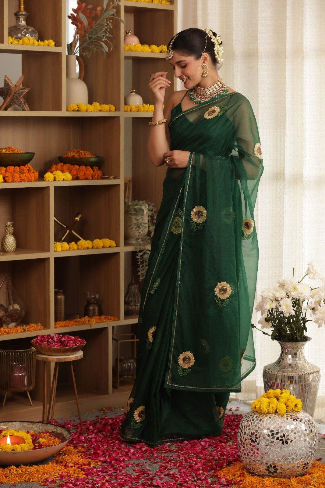 Sunflower Hand-Embroidered Silk Organza Saree - Ensembles