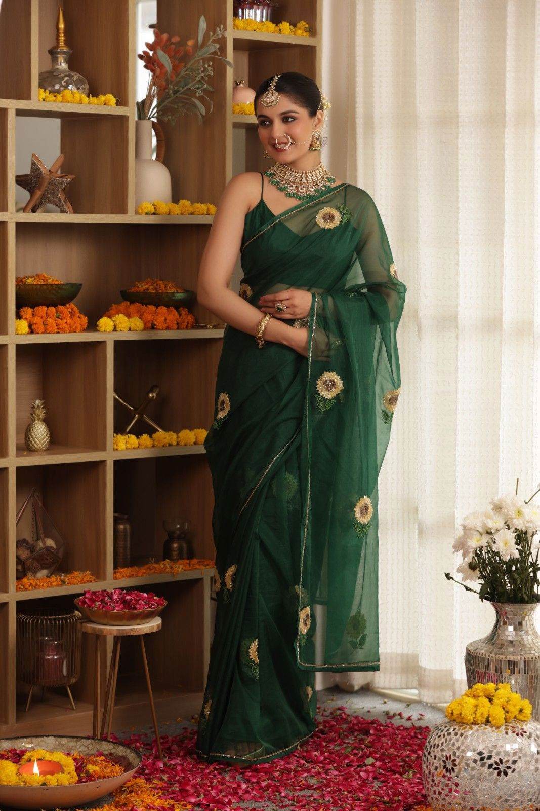 Sunflower Hand-Embroidered Silk Organza Saree - Ensembles