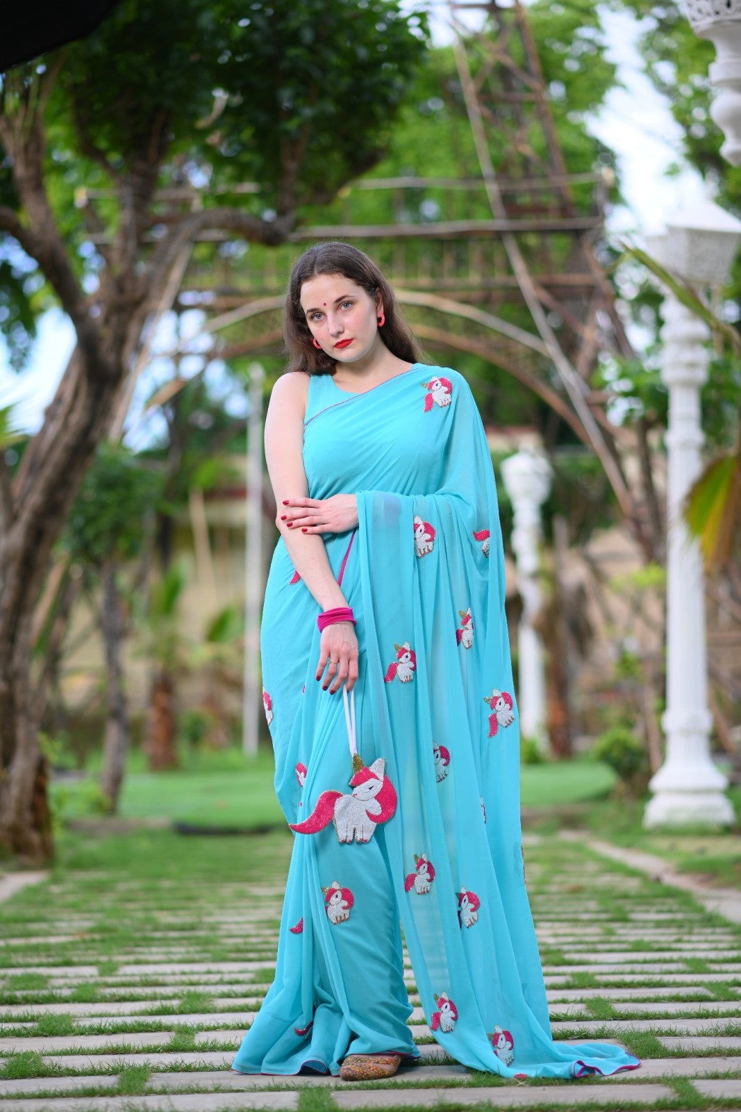 Unicorn Dark Turquoise Pure Georgette Saree - Ensembles