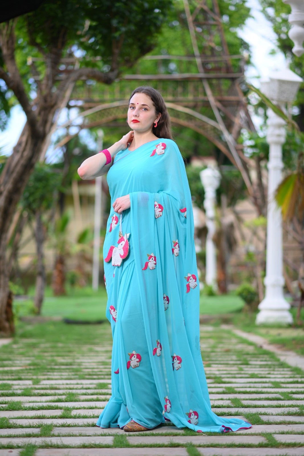 Unicorn Dark Turquoise Pure Georgette Saree - Ensembles