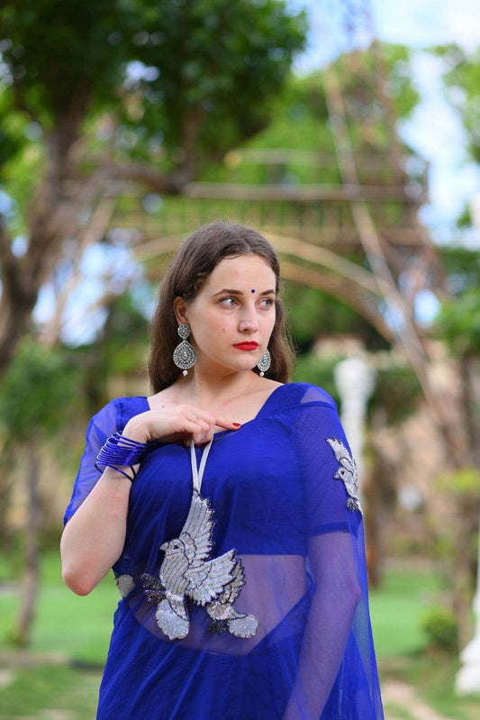 Florance Royal Blue Pure Silk Organza Saree - Ensembles