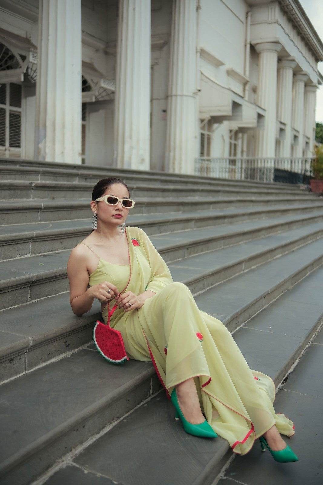 Watermelon Olive Green Georgette Saree - Ensembles